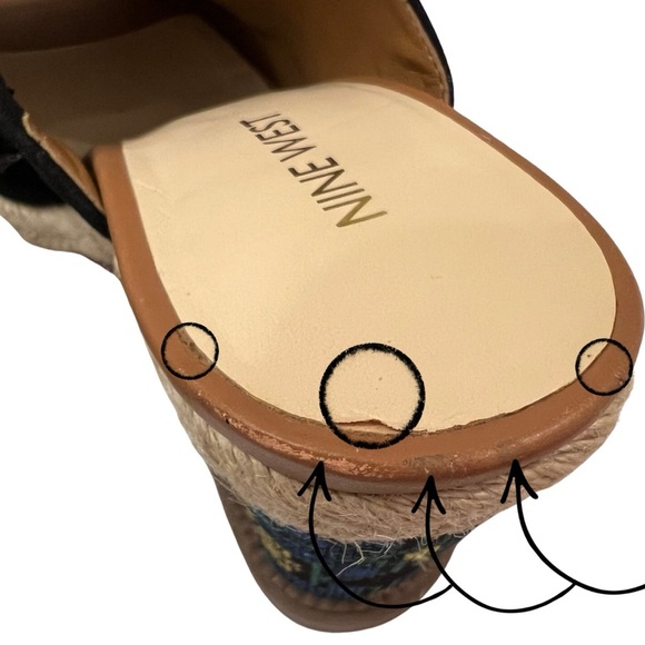 NINE WEST Rare Wedge Suede Mules Platform Cross Stitch Sandals Black Tan 8.5M - Picture 13 of 17